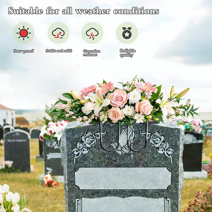 4Packs Headstone Flower Saddles Gravestone Saddle with Floral Foam for Grave Wire Rustproof Galvanized Cemetery Headstones Tombstone Decoration (Black,12’’)
