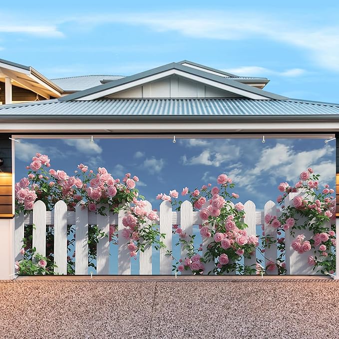 7 * 16FT Summer Garage Door Cover Decorations Sunset Palm Trees Garage Door Banner for Outdoor Indoor Summer Party Photography Backdrop (Rose garden fence, 7 * 16 ft)