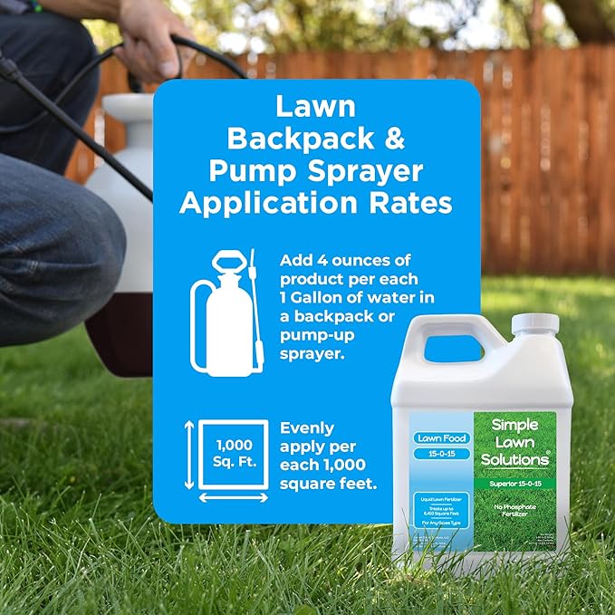Superior 15-0-15 Liquid Lawn Fertilizer - Lawn Food for Growth & Green - Nitrogen, Potassium, Humic, Fish & Seaweed - Any Grass Type- Simple Lawn Solutions - All Season- Concentrate (64 Ounce)