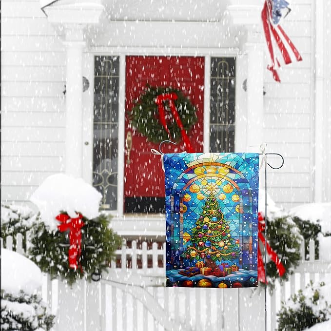 Stained Glass Christmas Tree Garden Flag Merry Xmas House Flags 28x40 Double Sided Welcome New Year Outdoor Flag Happy Holidays Flag Large Winter Yard Flag for Outside Lawn Decor