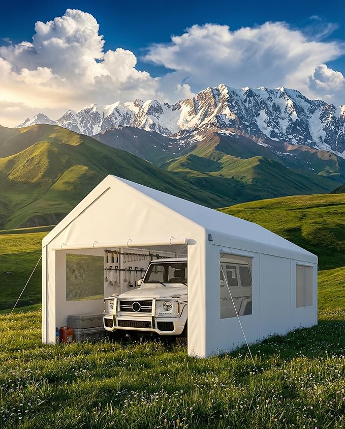 COBIZI Carport 10x20ft Heavy Duty Portable Garage, 2.0 Powder Coated Frame(Better Than Galvanized), Waterproof Shelter with Removable Sidewalls & Windows, Built-in Sandbags, for Car/Boat/SUV, White