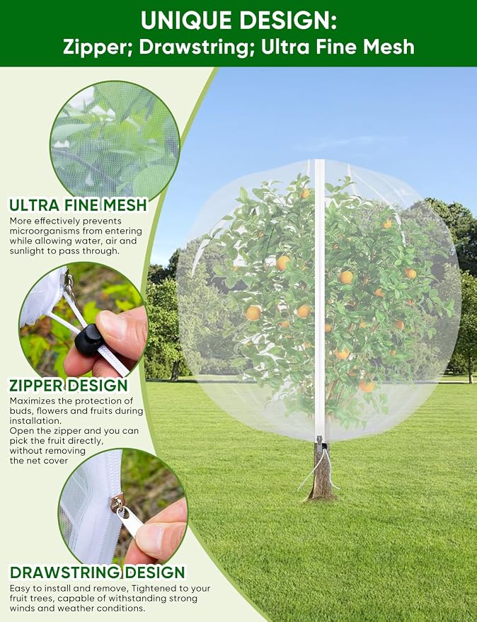 Fruit Tree Netting with Zipper - 4Pcs 5.3 x 6 FT Garden Bird Netting for Blueberry Bushes with Drawstring,Insect Plant Protection Mesh Net Bags for Tomato,Flowers,Animals,Cherry (4, 5.3 x 6 FT)