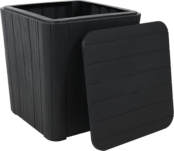 Sunnydaze 11.5-Gallon Outdoor Deck Box - Weather-Resistant Side Table with Storage for Cushions, Garden Tools, Pool Supplies - Phantom Gray - Faux Plank