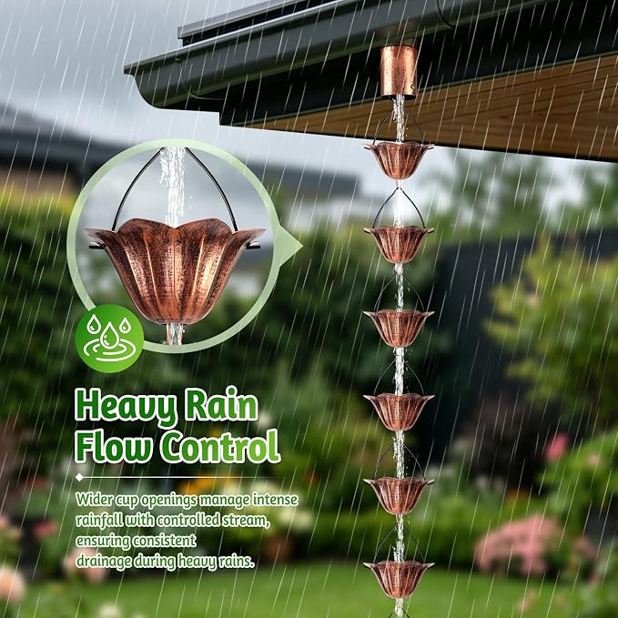 Rain Chains for Gutters Outside 8.5FT Copper Rain Catcher Chain with Adapter 16 Cups Decorative Replacement for Downspout