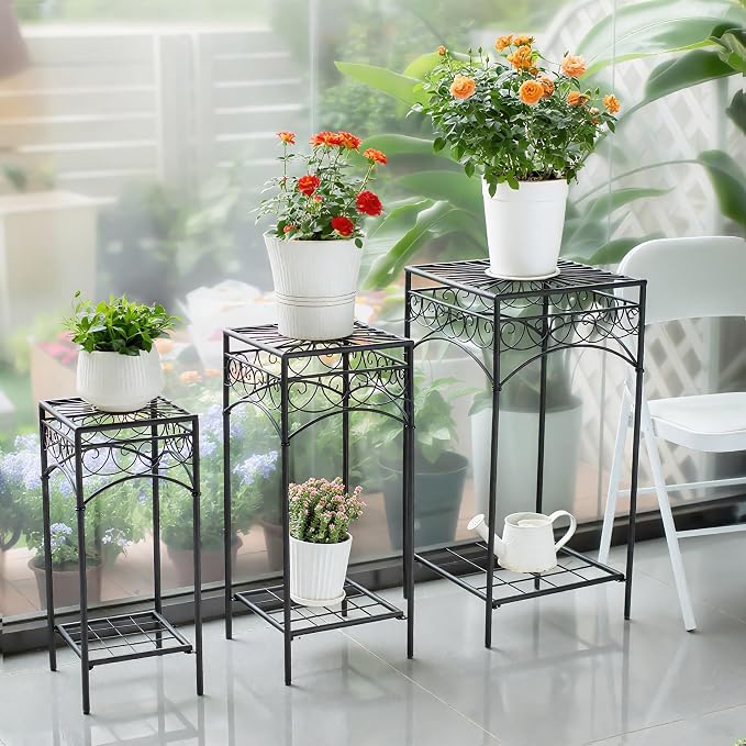 29.5-Inch Metal Indoor Plant Stands - 3-Piece Stylish Iron Plant Holder Set for Indoor & Outdoor Use - Durable Flower Pot Stands Perfect for Balcony, Patio, and Home Decoration plant stand set