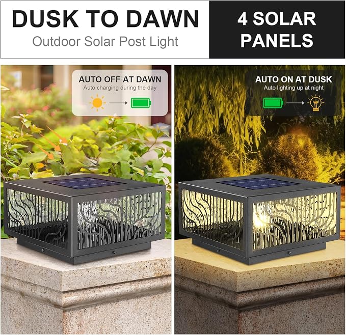 Solar Pillar Light Outdoor,Dusk to Dawn Waterproof Solar Column Cap Lights,Modern Square LED 2700K outdoor column light for Garden Patio Porch Decoration with E26 Bulb,Remote Control (W11.8*H6.3)