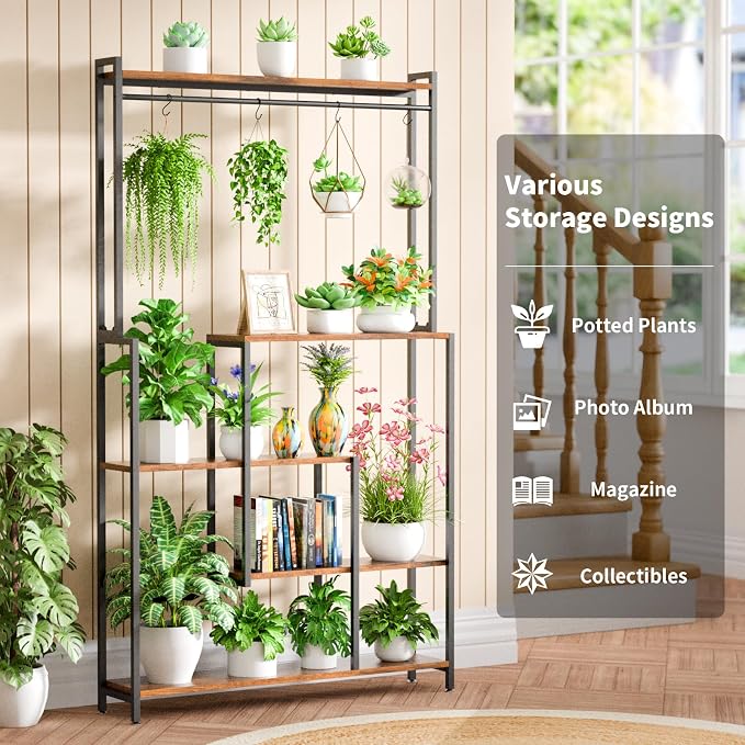 MJOMKN Large Plant Stand Indoor with Grow Light , 72" Tall Metal Plant Shelf, 5 Tiers 12 Pots Holder, Heavy-Duty Rectangle Display Rack for Living Room, Patio, Corner