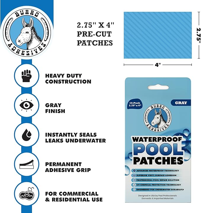Burro Adhesives 10-Pack Waterproof Gray Pool Patches - Professional Grade PVC Repair Kit with 2.75" x 4" Heavy Duty Patches for Commercial & Residential Vinyl Liner Pools, Works Underwater & Dry