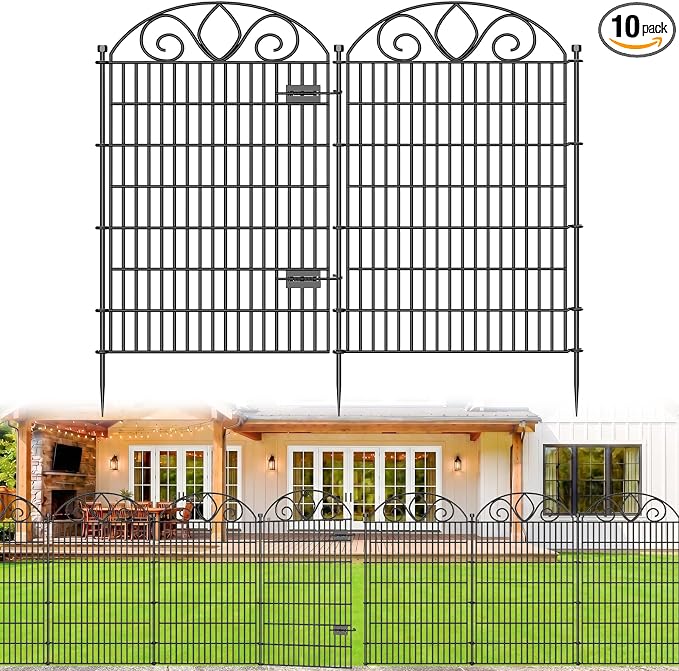 10 Panels No Dig Tall Garden Fence with Gate – 48" H X 26.25' L Rustproof Metal Dog Fence Outdoor for Yard, Decorative Animal Barrier Fence for Pet, Garden Border, Patio, Flower | Temporary Fencing