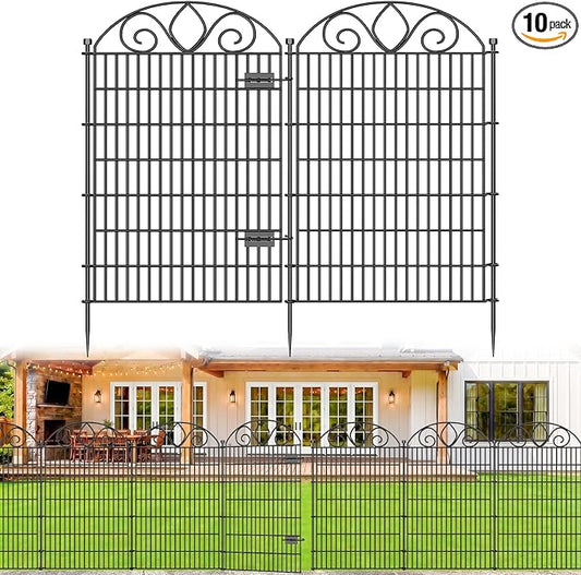 10 Panels No Dig Tall Garden Fence with Gate – 48" H X 26.25' L Rustproof Metal Dog Fence Outdoor for Yard, Decorative Animal Barrier Fence for Pet, Garden Border, Patio, Flower | Temporary Fencing