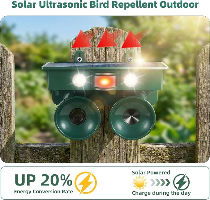 2026 New Ultrasonic Bird Repeller Solar Powered Outdoor Motion Activated Bird Pigeon Deterrents for Outside IP65 Woodpecker Goose Repellent Devices for Rooftops Porch Patio Balconies