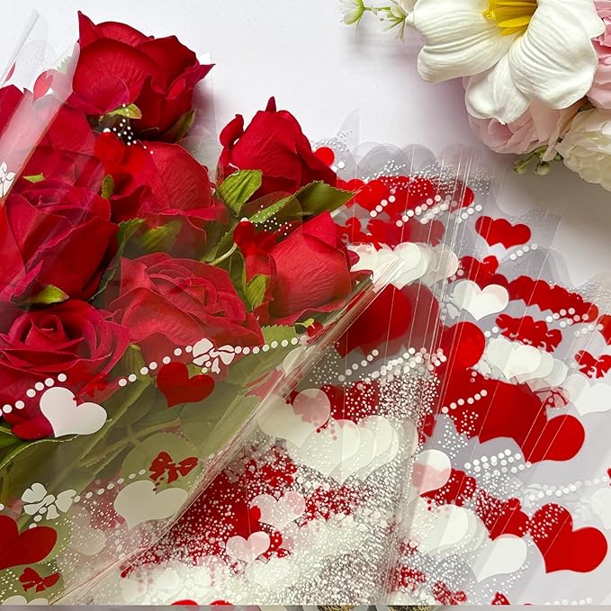 SELANTAG 100 Pack Red Heart Clear Flower Bags for Bouquets,Valentine's Day Heart Flower Bouquet Bags, Floral Wrapping bag, Sleeves Perfect for Mother's Day, Wedding (10.6in x 17in x 3.9in)
