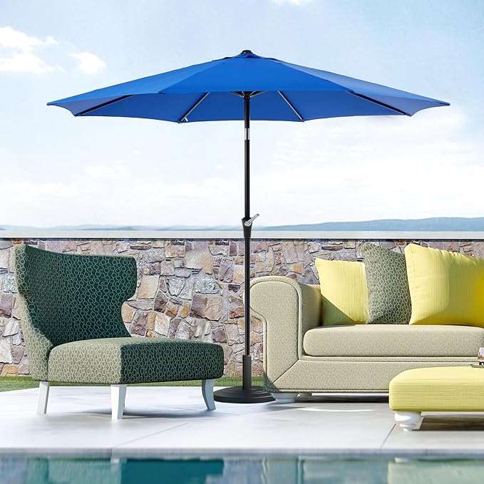 OLIXIS 9FT Patio Table Umbrella with Tilt and Crank Button & 8 Sturdy Ribs Waterproof, 9 Feet Outdoor Patio Umbrella Sun Shade for Poolside, Terrace, Beach and Restaurant, Blue