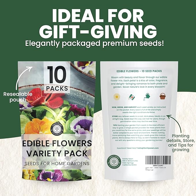 Edible Flower Seeds | 10 Individual Packs | 2026 Season | Non-GMO | Calendula, Chamomile, Nasturtium, Viola & More! | for Planting Indoor & Outdoor | by Family Sown