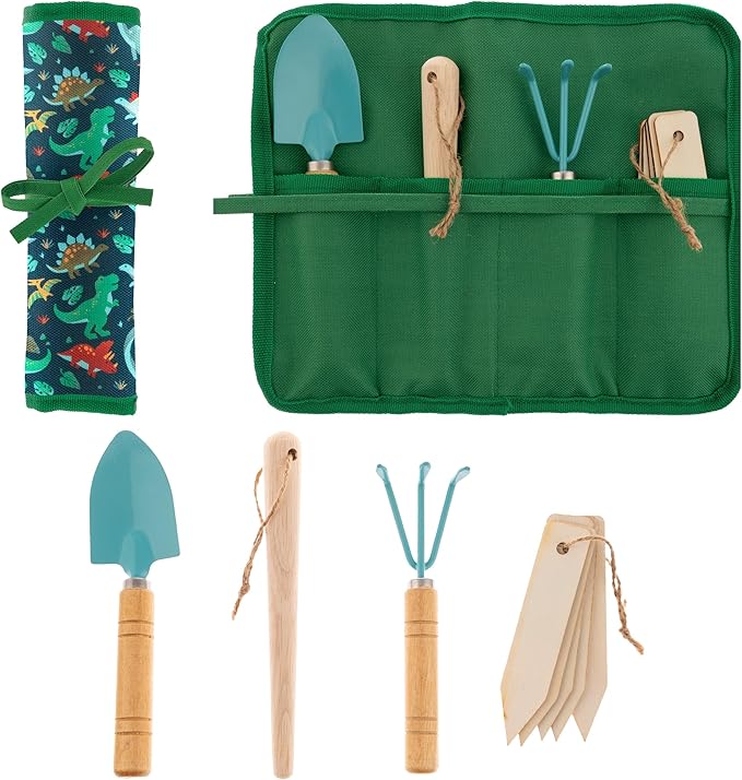 Stephen Joseph, Toddler Gardening Tool Set 5 PCS - Mini Shovel, Seed Dibbler, Mini Rake and Plant Markers with Roll Up Bag, Kids Gardening Tools, Best Outdoor Toys Gift for Boys and Girls, Dino