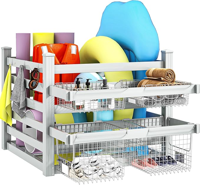 DWVO Pool Storage Organizer with 6 Adjustable Hooks, Large Pool Float Holder & Noodle Storage Rack, Outdoor Waterproof Pool Equipment Organizer for Floats, Goggles, and Beach Balls, White