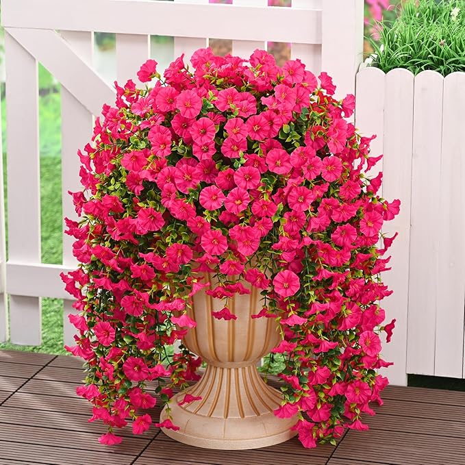 MARTINE MALL 8 Pcs Look Real Artificial Flowers for Outdoors, Realistic Artificial Hanging Flowers for Outdoors, UV Resistant Fake Hanging Plants Silk Petunia Faux Flowers for Porch Patio, Rose Red