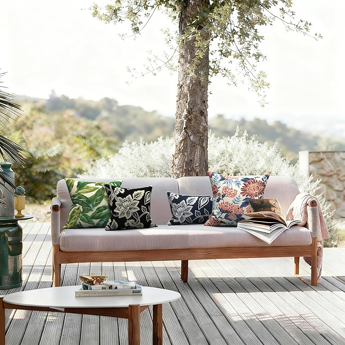 LVTXIII 2 Pack Outdoor Throw Pillow Covers for Patio Furniture, 16x16 Inch Square Pillow Case, Water-Repellent Cushion Covers for Garden, Porch, Sofa, Elegant Vines Black