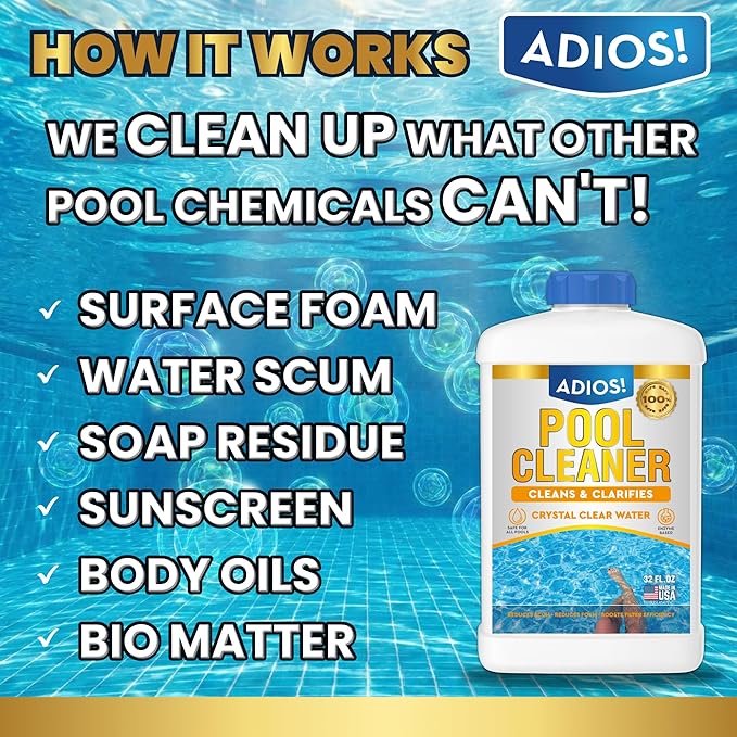 Adios! 20X Pool Cleaner and Clarifier – Restores Cloudy and Hazy Water for Above Ground and Inground Pools – Twenty Treatments per 32oz Bottle