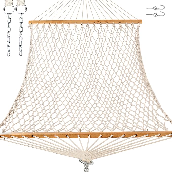 GAFETE Single Rope Hammocks for Outside, Traditional Hand Woven Cotton Hammock with Hardwood Spreader Bar, Max 450 lbs Capacity (Natural Beige, Small)