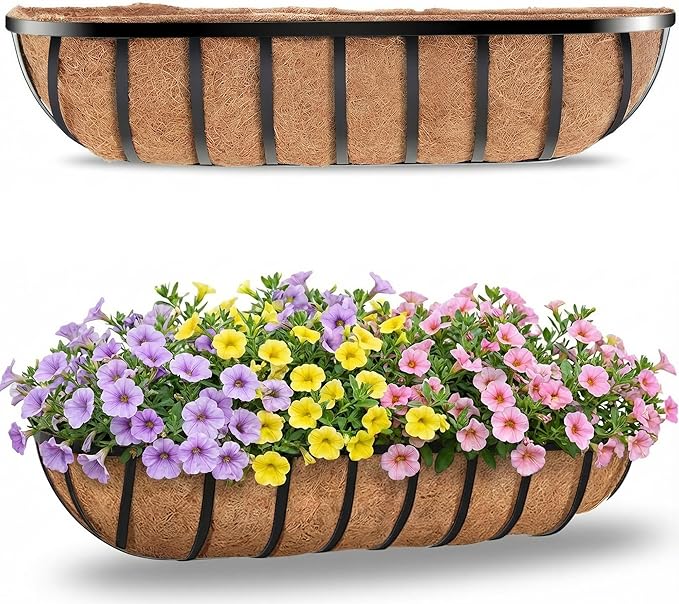 HFHOME 30" Window Box Deck Railing Planter with Horse Trough Coco Liners, Black Metal Hanging Flower Planters Baskets for Indoor, Outdoor, Balcony, Porch, Fence, Patio, and Lawn (Set of 2)