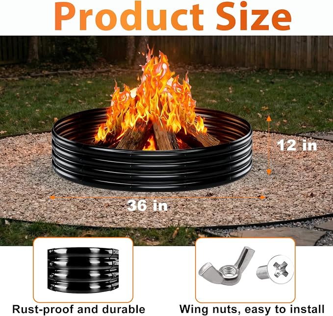 Large Fire Pit for Outside Wood Burning, 36in Big Fire Pit Ring, Heavy Duty Steel Fire Pit with Black Painted Modern Design, Metal Fire Ring for Camping, Backyard, Patio Burn Pit