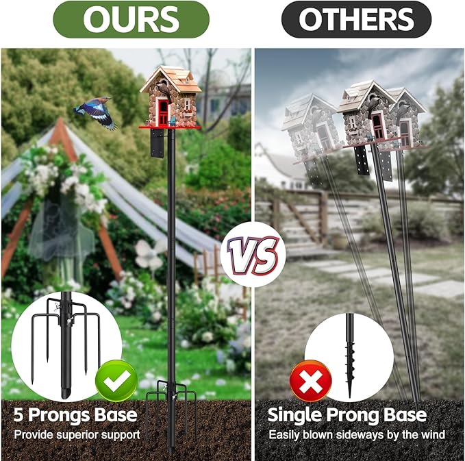 Bird House Pole,60" Outdoor Bird Feeder Pole Kit Stand with 5-Pronged Base, Adjustable Height & Universal Mount for Easy Setup, 2 Installation Methods, Matte Black Finish (Without Bird House)
