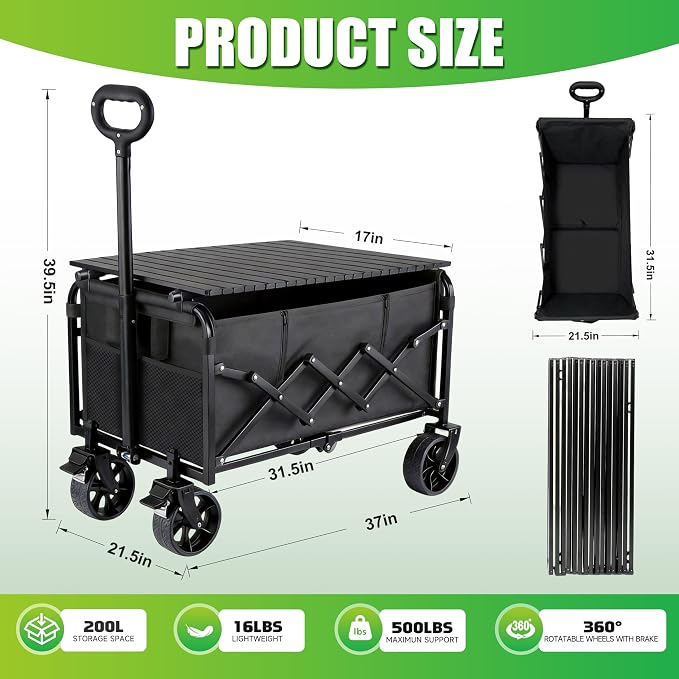 500LBS Collapsible Folding Wagon Carts with Table - 230L Large Foldable Collapsible Portable Wagon Cart with Breaks, Heavy Duty & All-Terrain Swivel Wheels for Camping Shopping Garden & Fish