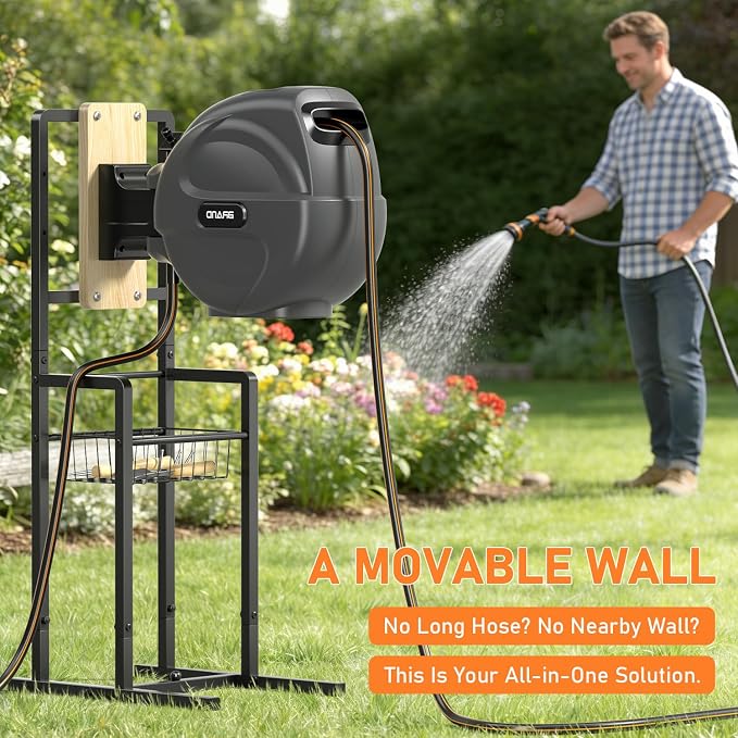 Retractable Hose Reel Stand, Freestanding Garden Hose Holder for Outside with Mounting Brackets, No Wall Installation, Fits Most Garden Hose Reels (Reel Not Included)