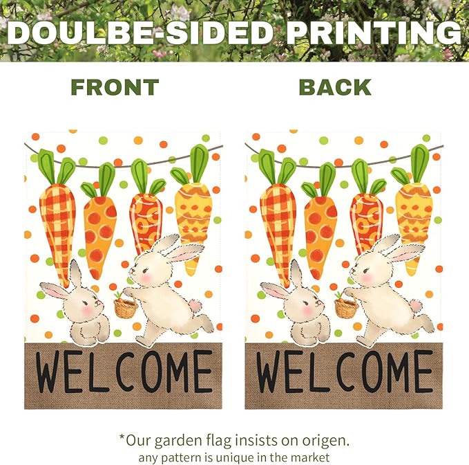 Easter Garden Flag 12 x18 Inch Double Sided Welcome Bunny Carrot Spring Yard Flag Outdoor Farmhouse Porch Decor Cute Rabbit Pattern Seasonal Easter Banners for Garden Lawn Patio Yard Home