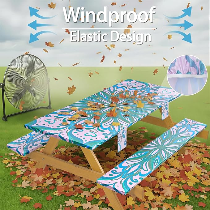 Fitted Waterproof Picnic Table Cover with Bench Covers Elastic Polyester 96in Camping Tablecloths for 8Foot Rectangle Tables Summer Fall Glamping Roadtrip Stuff Festival Vacation Items Gift