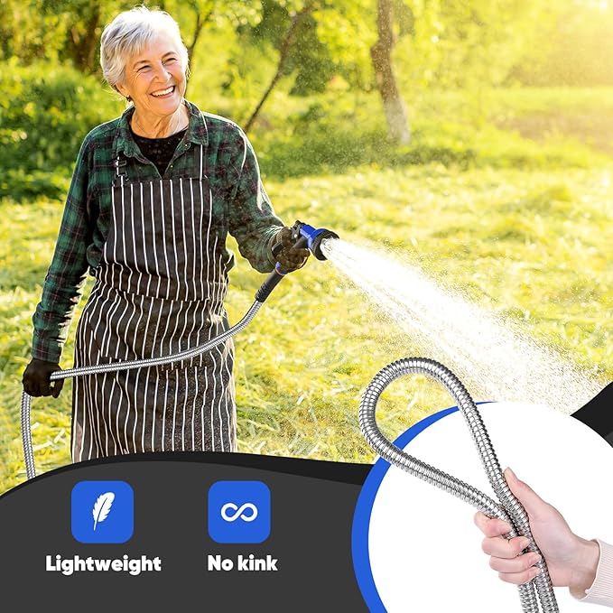 Garden Hose 50 ft, Heavy Duty Stainless Steel Metal Hose, Flexible Water Hose with 10 Function Nozzles, Kink Free, Leak-Proof, Easy to Use and Store for Outdoor, Yard, Lawn, RV, Car Wash