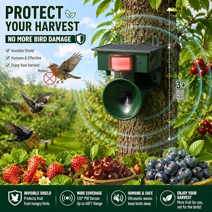 2026 Solar Ultrasonic Bird Repellent Devices Outdoor,Best Bird Deterrent for Pool,Pigeon Repellent for Balcony,Keep Crows Sparrows Starlings Out of Fruit Trees,Swimming Pool,Patio,Roof (2 Pack)