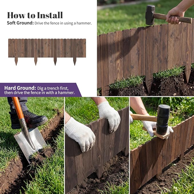 Garden Wooden Fence Edging, Burnt Wood Finish, Fir Wood,Outdoor Lawn Landscape Border (1, 11.8" Height)