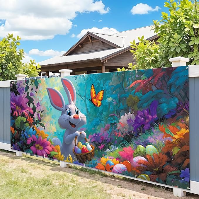 7 * 16FT Summer Garage Door Cover Decorations Sunset Palm Trees Garage Door Banner for Outdoor Indoor Summer Party Photography Backdrop (easter rabbit, 7 * 16 ft)