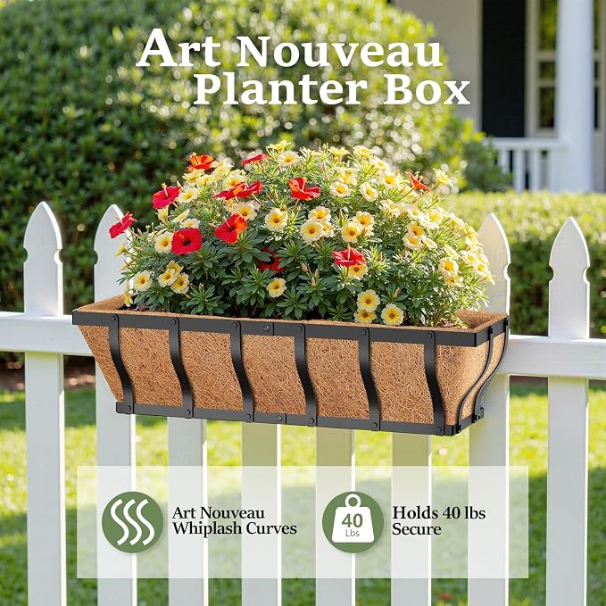 VOXOR Railing Planter Boxes, Heavy Duty Window Box Planters, Adjustable Balcony Planters for Railing Hanging, with Coco Liner for Deck, Porch, and Patio Gardening (2 Pack, 24 Inch)