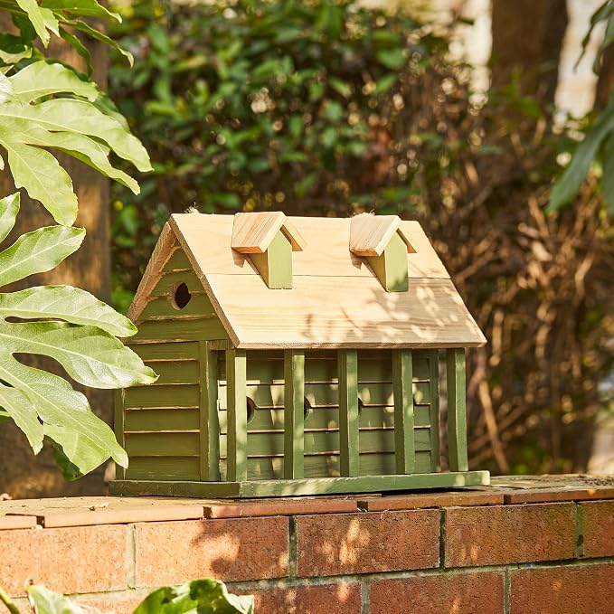 Glitzhome 14.25" L Wood Hanging Birdhouse for Outdoors Oversized Distressed Cottage Bird House Rustic Painted Bird House for Bluebird Wren Chickadee Sparrow Bird Nest Box for Garden Patio, Green