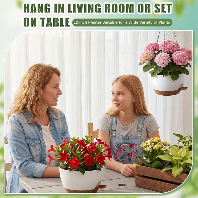 Sliner Set of 4-10 Inch Self Watering Hanging Planters Includes Hanging Pots and Outdoor Hanger Plant Pots with Drainage Holes 2 Types of Hanger Basket Hooks for Patio Garden(White Brown)