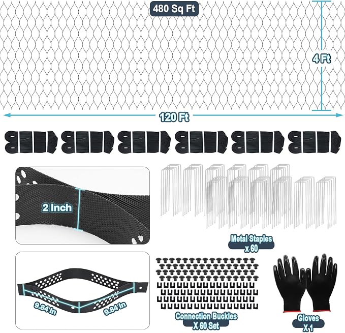 Gravel Grid 120ft X 4ft, 2'' Depth Gravel Stabilizer Grid for Pavers Base, Geogrid 1900 Lbs/Sq Ft Load with 120 Geocell Accessories & Gloves for Driveway Parking Ground Walkway Dirt Locker Slope