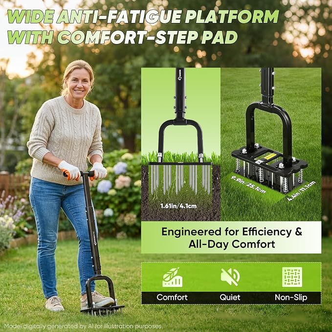 Sakerplus Aerator Lawn Tool, Spike Lawn Aerator with Auto-Return Self-Cleaning Tines, Anti-Fatigue Comfort Pad, Reinforced Anti-Breakage Joints, 15 Steel Tines for Garden Healthy Grass Aeration-Orange