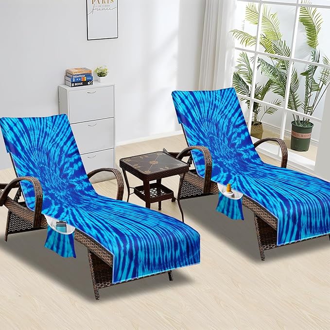 Beach Chair Cover with Side Pockets (1Pc), Thick and Quick Dry Lounge Chair Towel Cover for Sun Lounger Pool Sunbathing Garden Beach Hotel, No Sliding,Blue Tie Dye