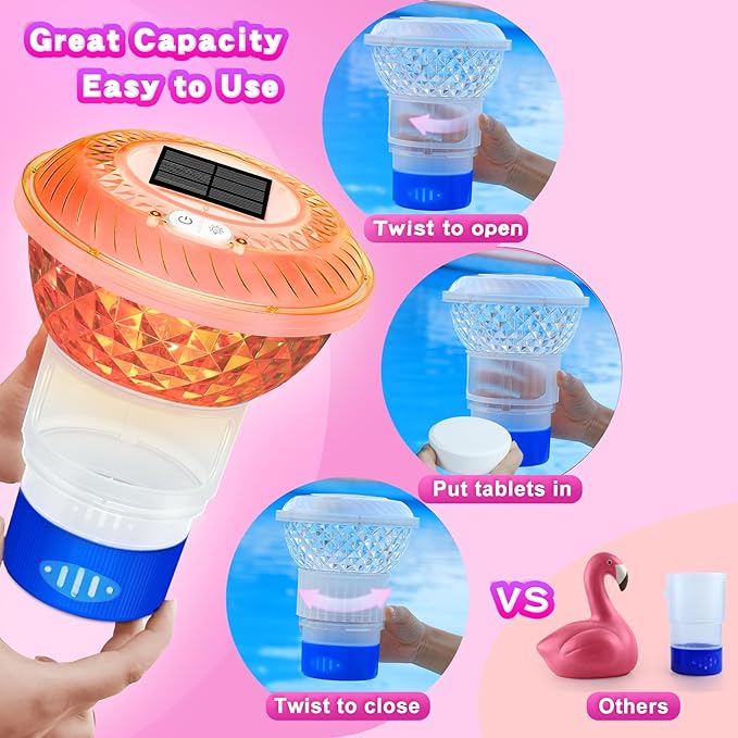 Solar Pool Chlorine Floater,Chlorine Floater with Colorful Lights,Button Control Floating Pool Chlorines Dispenser,Adjustable Release & Easy Opening,Solar chlorines floaters for Hot Tub,Blue