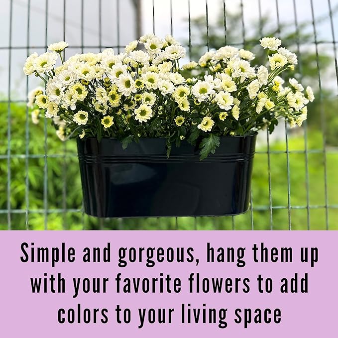 LaLaGreen Bundle- 2 Pack,11.8 Inch + 4 Pack, 15 Inch Black Metal Pot Hanging Window Flower Boxes with Hook Herb Succulent Bucket Outdoor Railing Fence Deck Balcony Patio Porch Modern Boho Garden Style