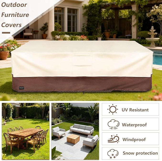 Rectangular Patio Furniture Covers,Upgraded 600D Heavy Duty Outdoor Furniture Covers Waterproof,Outdoor Sectional Dining Table and Chairs General Purpose Furniture Set Cover,88"L × 62"W × 28"H,Beige