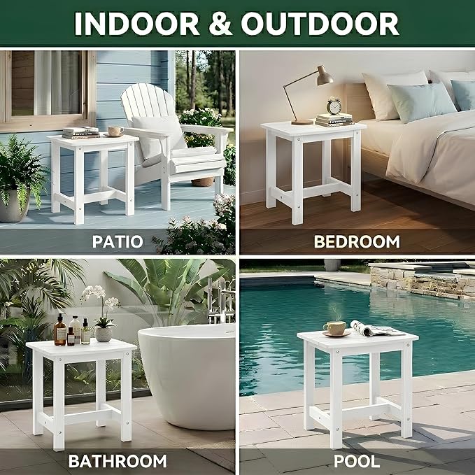 Y&M Outdoor Side Table, HIPS Adirondack Small Single Table, Waterproof Square Outside Table, Balcony Modern End Tables for Patio, Pool, Beach, Porch, Deck, Indoor or Outdoor Use, White