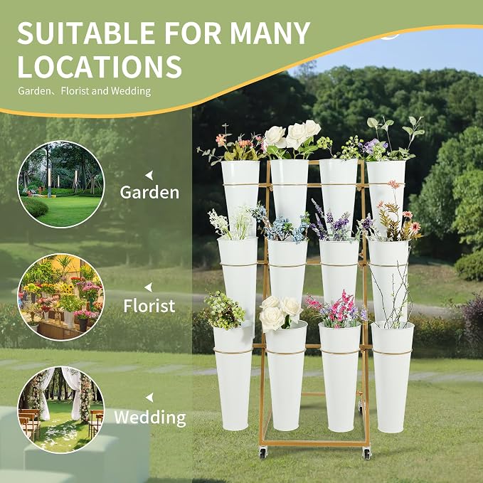 Flower Cart with 12 Metal Buckets, 3 Layers Flower Bar Stand with 360° Swivel Wheels and Brake, Flower Display stand with Iron Bucket, Durable than Plastic Buckets, Flower Holder for Florist or Wedding
