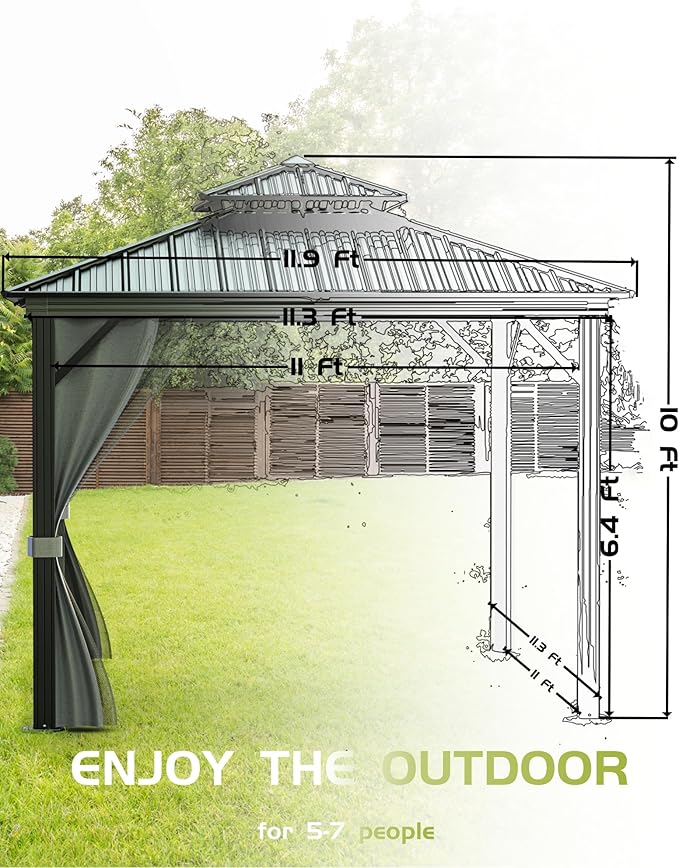 Outdoor Gazebo 12x12 Hardtop, Aluminum Frame Permanent Pavilion with Double Roof, Mosquito Netting & Privacy Curtains for Patio, Garden, Deck, Lawn and Backyard Parties