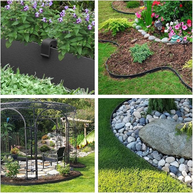 A ANLEOLIFE 20ft Flexible Plastic Landscape Edging Coil, 5" Black Garden Border for Yard, Flower Beds & Pathways, Anti-UV, 6 Stakes for Easy Install