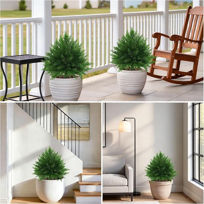 Grooy Artificial CedarTopiary Bushes for Outdoors with Spike, Set of 2 Cypress Topiary Trees with UV Resistant, Outdoors Fake Shrubs Faux Plants for Front Porch Indoor Outdoor Decor