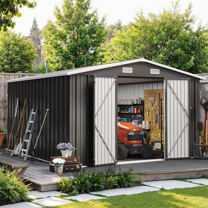 10x12FT Outdoor Storage Shed, Metal Garden Tool Shed with Sloping Roof & Lockable Door for Patio Lawn Backyard (Black, 10x12FT)